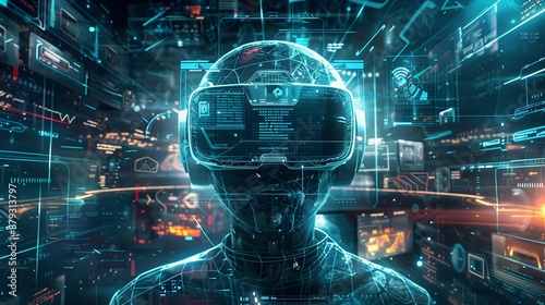 A humanoid figure wearing a VR headset is immersed in a high-tech digital environment, surrounded by holographic data displays and futuristic interfaces.