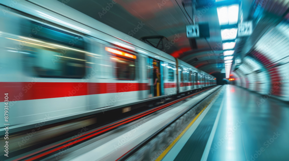 The city's metro train moving through an empty station, set against a blurred background. The city's metro train moving through an empty station, set against a blurred background.