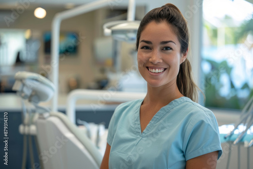 A beautiful female dentist smiling in front of the camera, standing next to her professional dental equipment and tools, dressed in light blue scrubs.