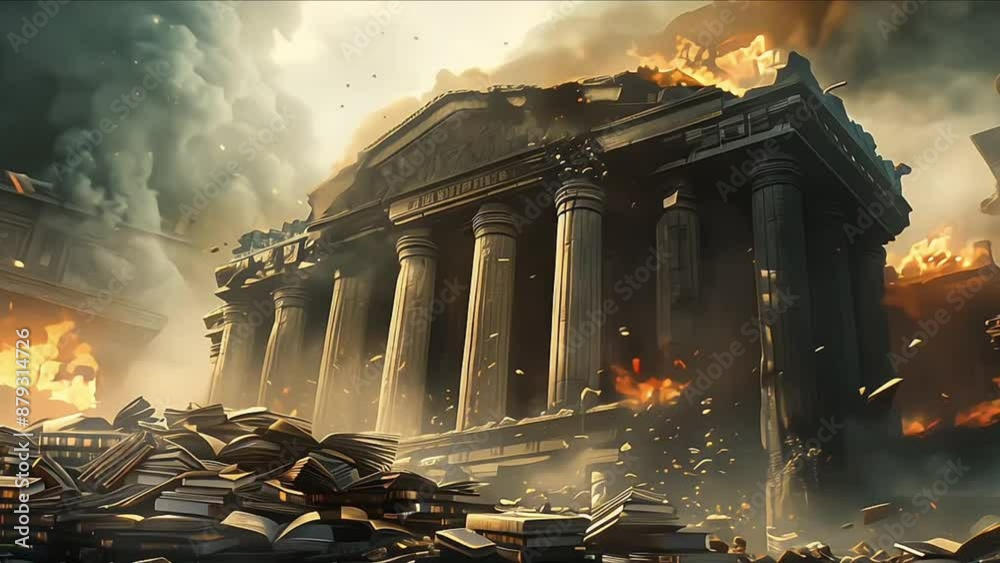 Bank building collapsing. Bankruptcy bank. Collapse financial organization. Banking crisis. Loss of money by bank depositors after bankruptcy