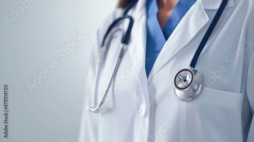 A woman in a white lab coat with a stethoscope around her neck. The stethoscope is silver and black