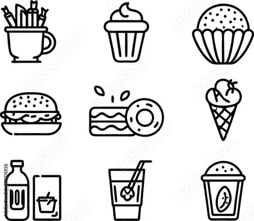 set off food and drink icon line art illustration.food, drink, beverage, restaurant, wine, meal, lunch, breakfas