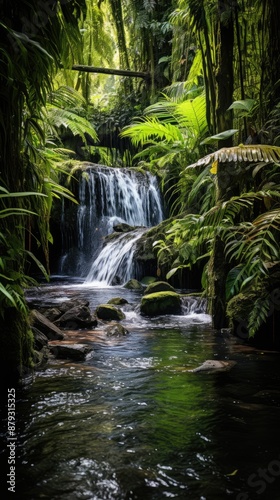 a river runs through a forest with a bridge in the background.