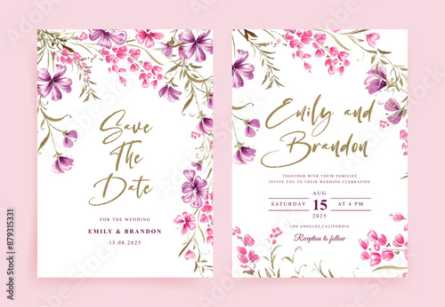 Floral wedding invitation card template set with lilac and pink flowers