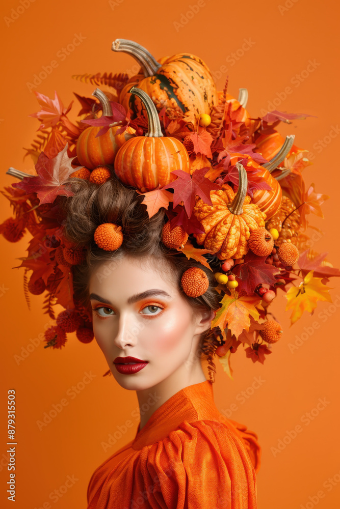 Model is posing with her hair styled with pumpkins, leaves and berries for a fall fashion photoshoot Model is posing with her hair styled with pumpkins, leaves and berries for a fall fashion photoshoot