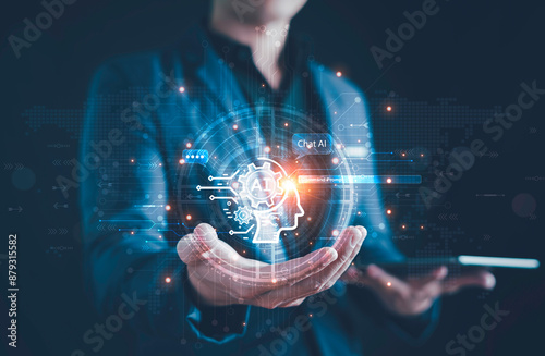 AI chatbot conversation using artificial intelligence technology smart robot AI, Generative AI, Answer, Businessman using AI to generate something, Customer support, laptop, assistant, Chat interface.