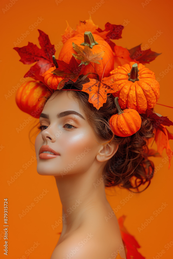 Woman wearing a pumpkin crown exudes autumn beauty with orange hues, stylish hair accessory, makeup, and elegant necklace, surrounded by leaves Woman wearing a pumpkin crown exudes autumn beauty with orange hues, stylish hair accessory, makeup, and elegant necklace, surrounded by leaves