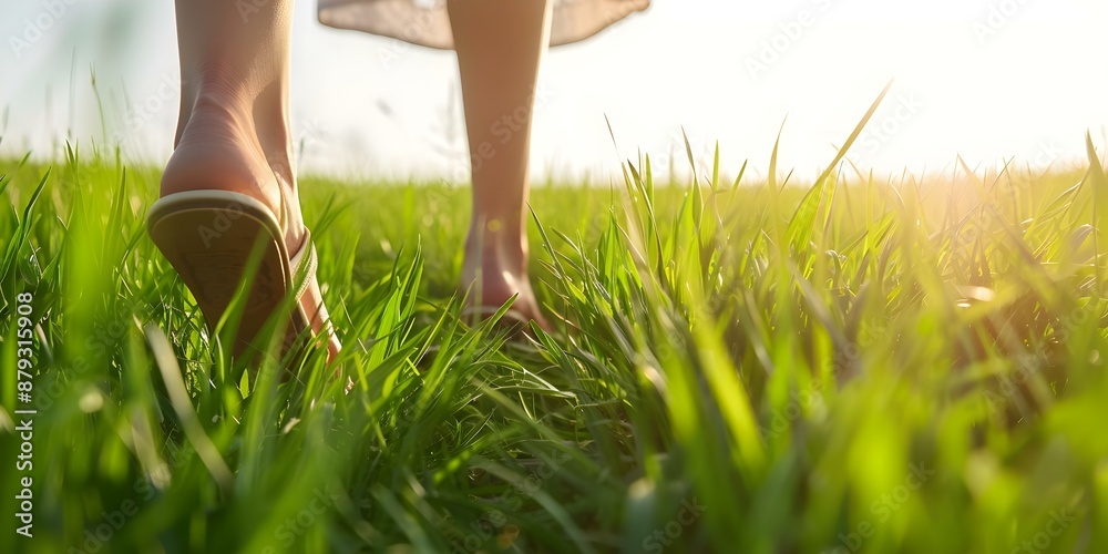 Transitioning from High Heels to Barefoot Woman in Grass Field Surrounded by Nature. Concept Nature, Grass Field, Barefoot, High Heels, Transition Transitioning from High Heels to Barefoot Woman in Grass Field Surrounded by Nature. Concept Nature, Grass Field, Barefoot, High Heels, Transition
