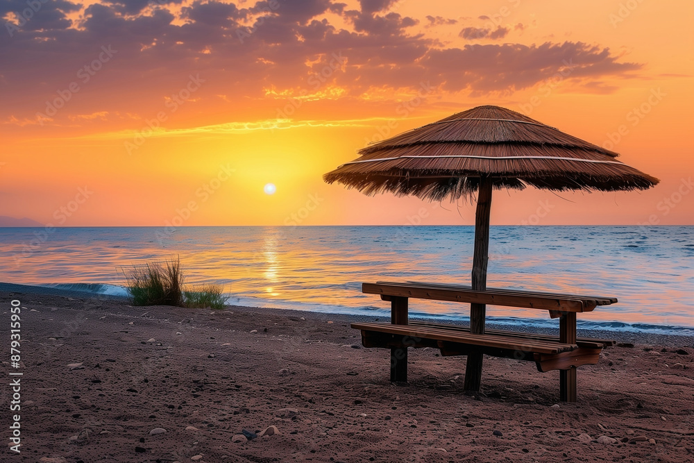 A straw umbrella with a small wooden bench and table on the sea beach A straw umbrella with a small wooden bench and table on the sea beach