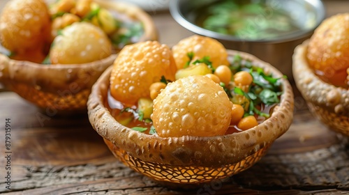 Pani puri Indian street food filled with chickpeas and spicy water in bowl close-up