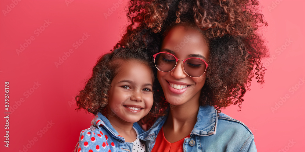 Obraz premium Smiling Mother and Daughter with Curly Hair and Glasses Against Pink Background