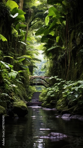a river runs through a forest with a bridge in the background.