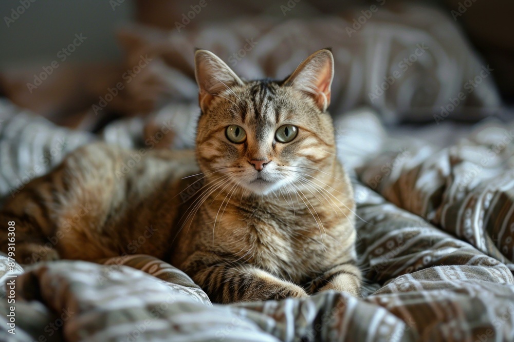 Striped cat with green eyes is lying on a bed with a patterned duvet Striped cat with green eyes is lying on a bed with a patterned duvet