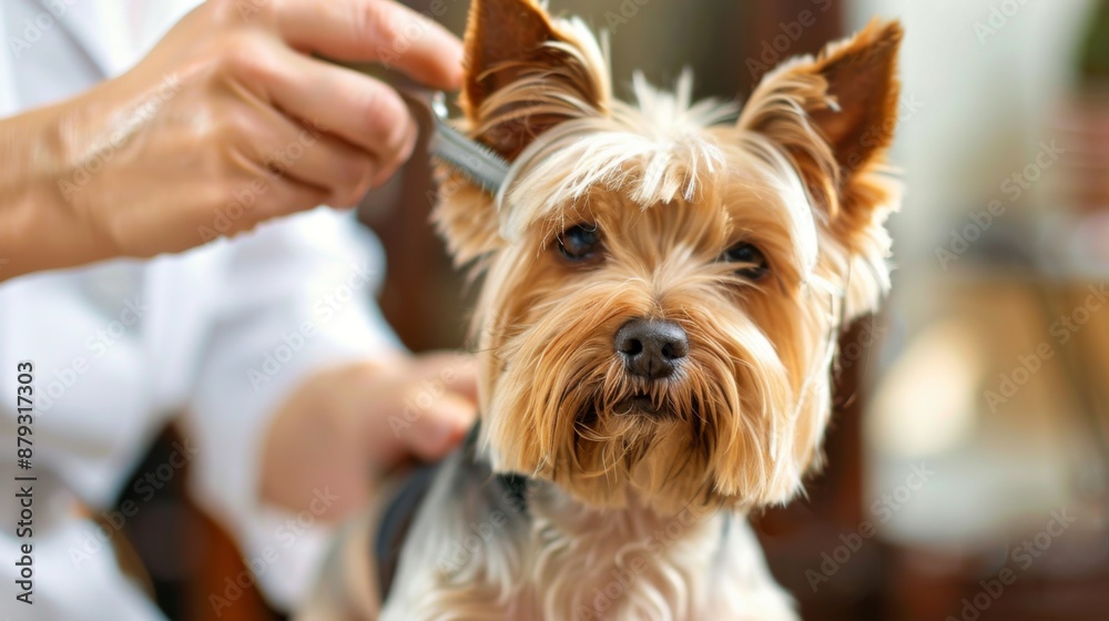 Professional groomer gives haircut to dog in hairdressing salon with professional equipment grooming Professional groomer gives haircut to dog in hairdressing salon with professional equipment grooming