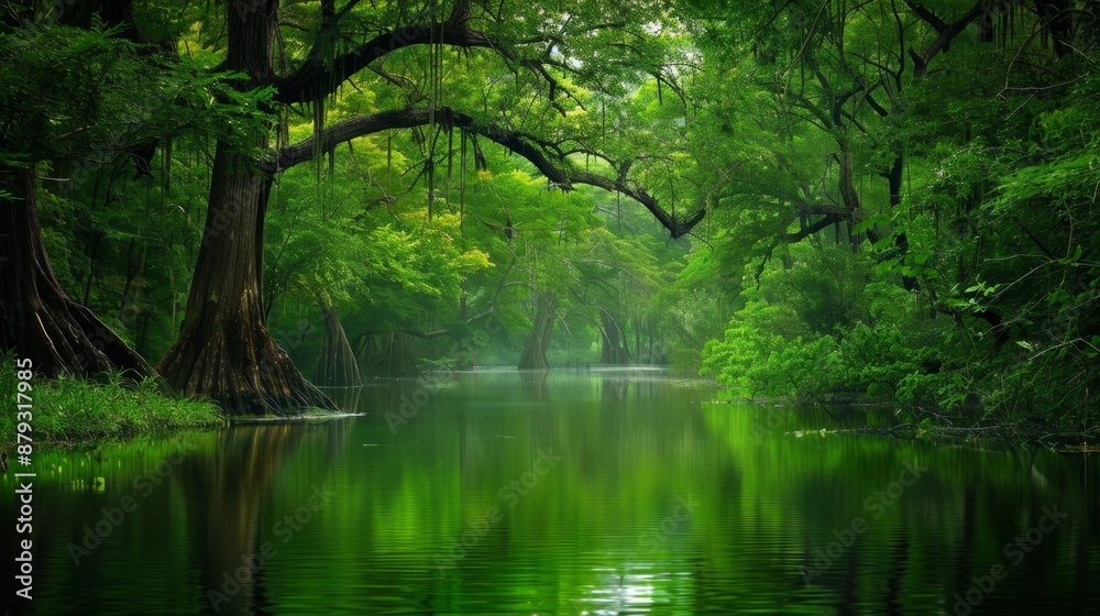 Naklejka premium Tranquil Green Forest River.