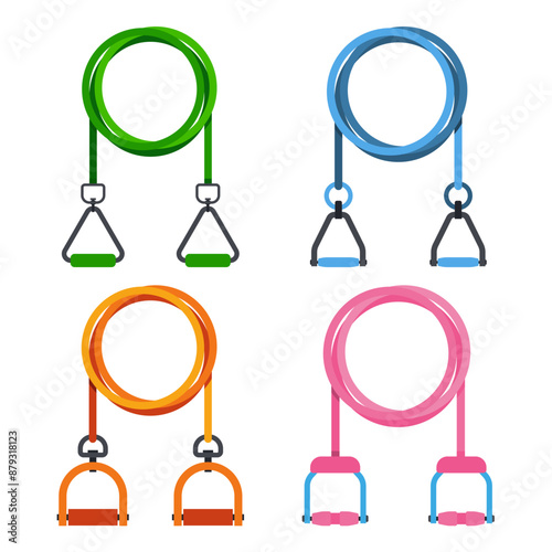 Resistance bands with handles vector cartoon set isolated on a white background.