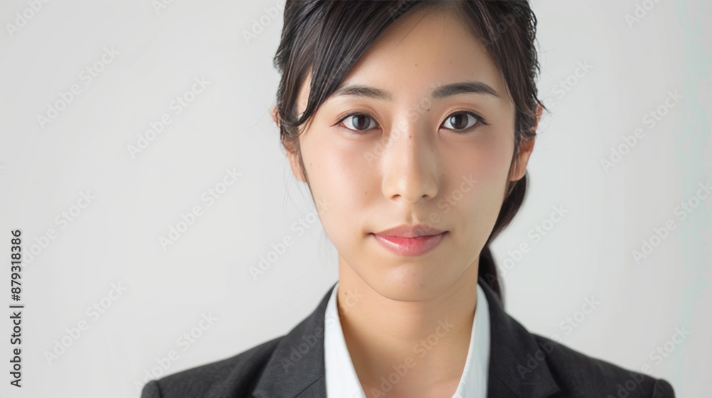 Japanese woman in business attire, sharp lighting for professional passport photo on white backdrop Japanese woman in business attire, sharp lighting for professional passport photo on white backdrop