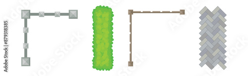 Fence, Pavement and Green Bush Growth as Landscape Design Element Vector Set