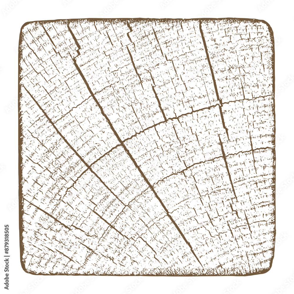 Distressed wood overlay textured. Old wooden design element. Cross section tree rings cut slice. Brown tree texture on white background. Wide horizontal long banner. Vector illustration. EPS 10.