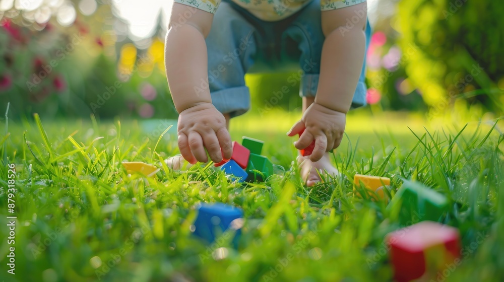 a small child is playing with toys on the lawn grass. Selective focus a small child is playing with toys on the lawn grass. Selective focus