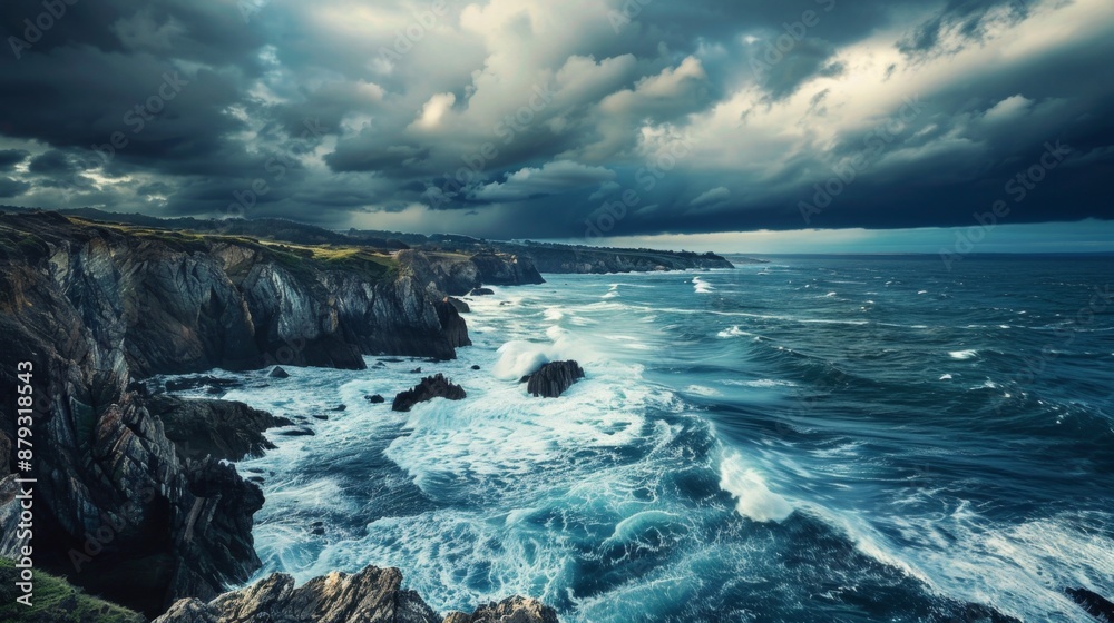 Obraz premium Dramatic Stormy Seascape with Dark Clouds and Waves Crashing Against the Coast.
