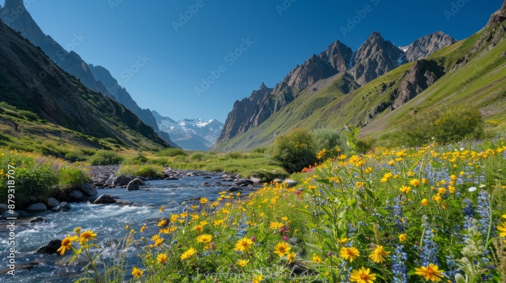Mountain Stream With Wildflowers. Mountain Stream With Wildflowers.