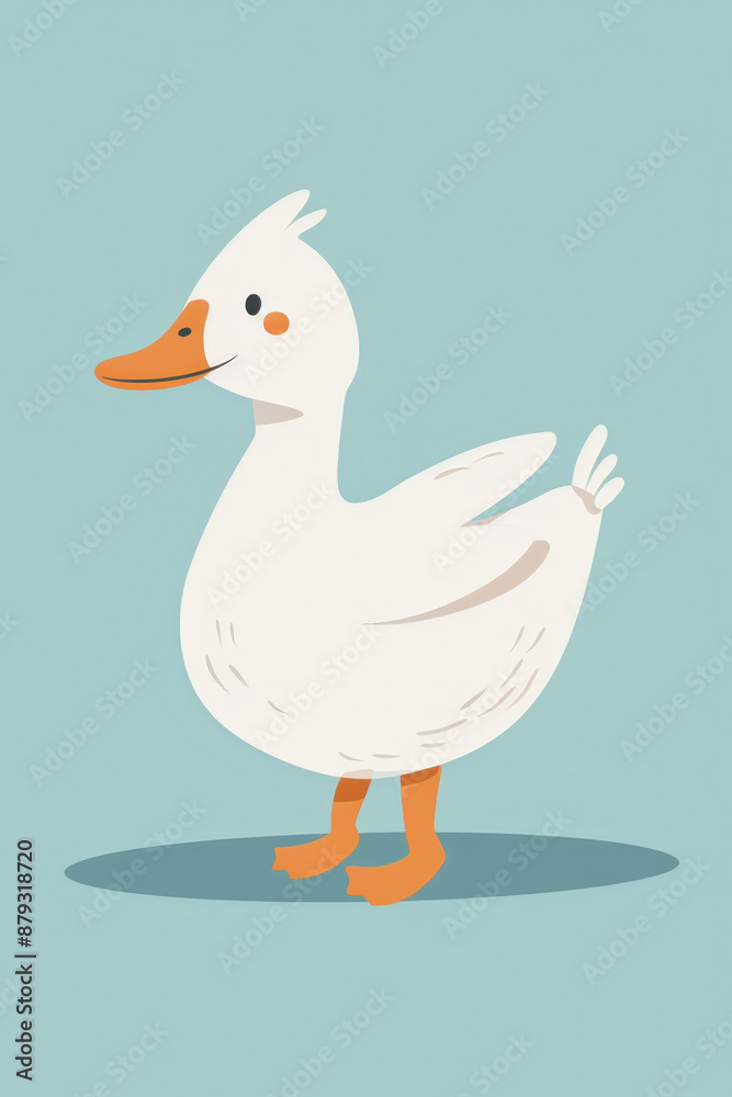 Obraz premium Charming cartoon duckling stands gracefully against a serene blue background, perfect for children's decor, greeting cards, and invitations