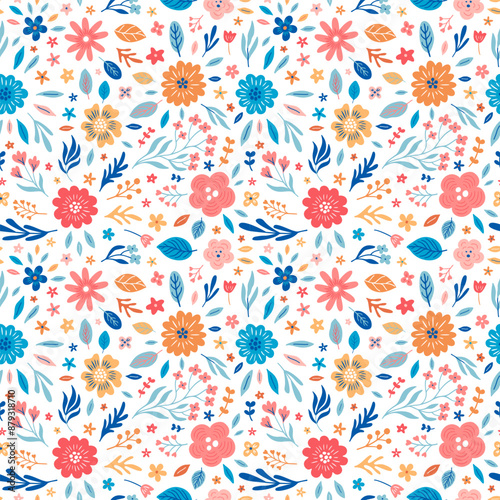 Pretty rustic seamless botany pattern design. Vintage floral colorful background. Boho style little flowers ornate backdrop with leaves and branches. EPS 10 vector illustration.