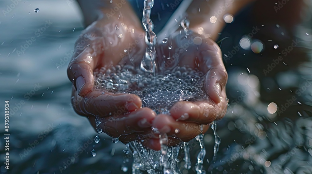 Fototapeta premium Close-up shot of water pouring into hands blurred background