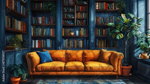 A comfortable reading room with a vibrant yellow sofa, surrounded by tall bookshelves filled with books and potted plants, bathed in natural light.  © ChanaphaStudio