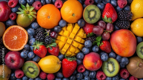 Fresh fruits, vibrant colors, variety close up, focus on, copy space Bright and lively tones Double exposure silhouette with fruits © Navaporn