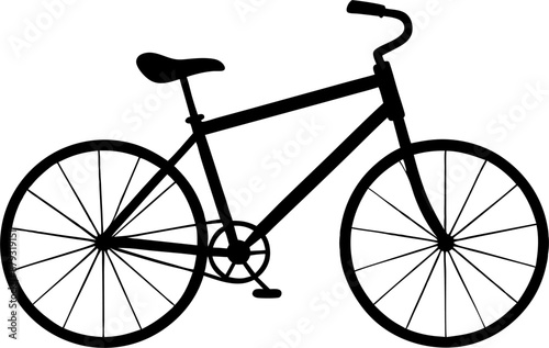 A black silhouette of a bicycle with a simple design is isolated on a white background.