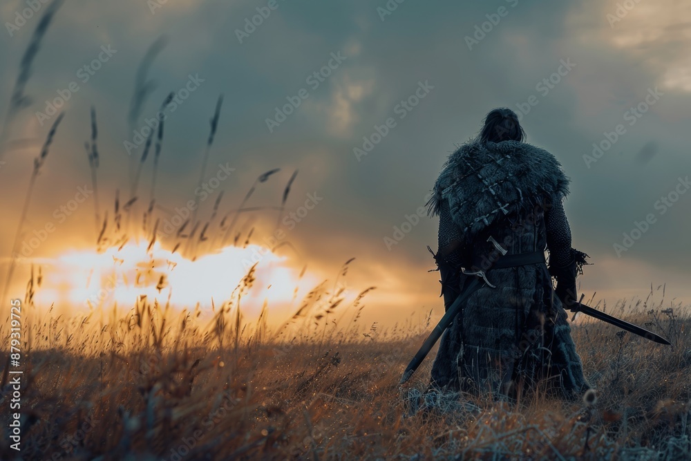 Warrior in medieval armor stands in field at sunset, facing a vast horizon. Warrior in medieval armor stands in field at sunset, facing a vast horizon.