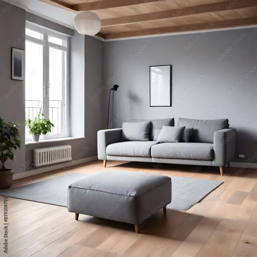 Fototapeta premium Comfortable grey sofa on wooden heated floor, empty modern living room with contemporary interior design. Apartment for rent, renovation decoration concept.
