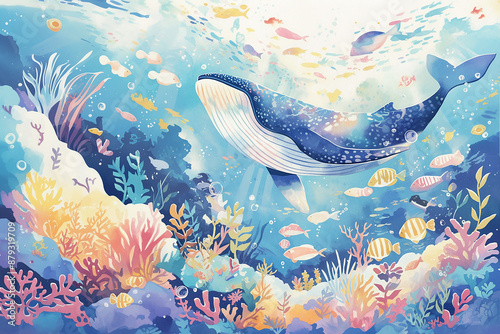 A colorful painting of a whale swimming in the ocean with a variety of fish swimming around it. The mood of the painting is peaceful and serene, as the whale