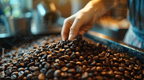 woman's hand holding coffee beans in coffee roasting shop and checking coffee quality 