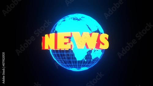Loop animation of the words breaking news on top of planet Earth, glowing in blue and yellow colors.
