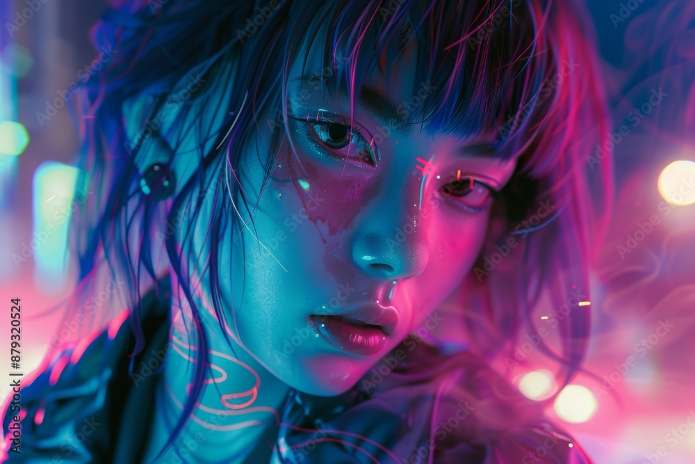 Futuristic portrait bathed in neon blue and pink lights, cyberpunk aesthetic. Futuristic portrait bathed in neon blue and pink lights, cyberpunk aesthetic.