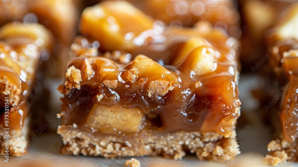 Caramel apple cookie bars close up, soft base, with caramel chunks and diced apples, realistic photo Caramel apple cookie bars close up, soft base, with caramel chunks and diced apples, realistic photo