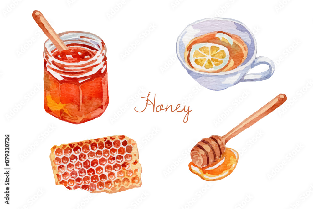 Watercolor honey elements with honey jam and tea Watercolor honey elements with honey jam and tea