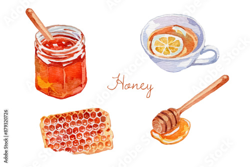 Watercolor honey elements with honey jam and tea