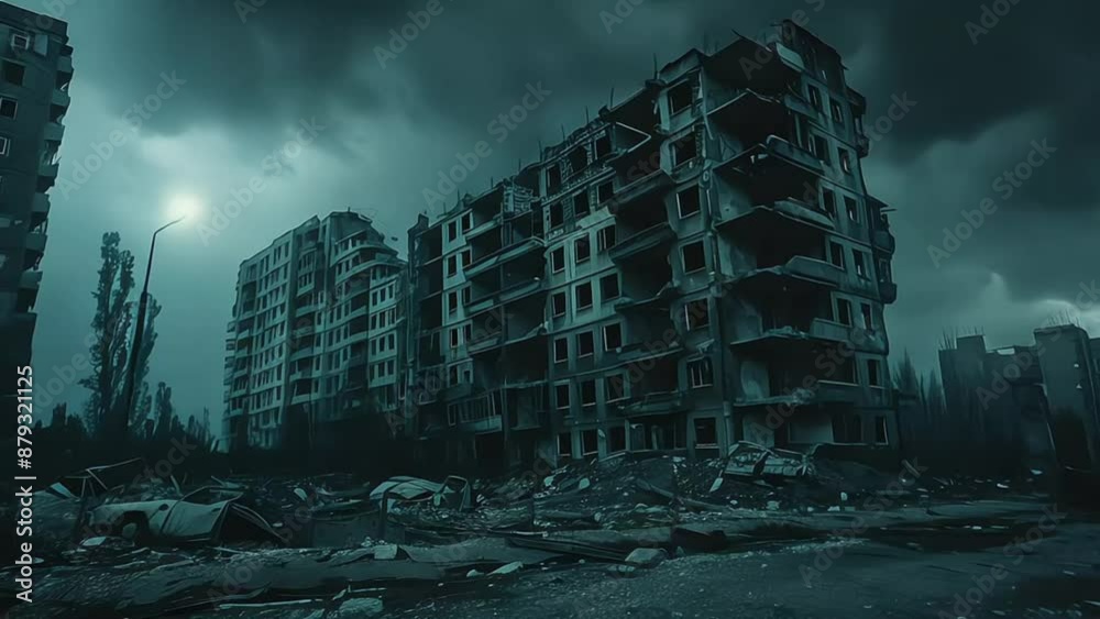 destroyed and burned houses in the city during war