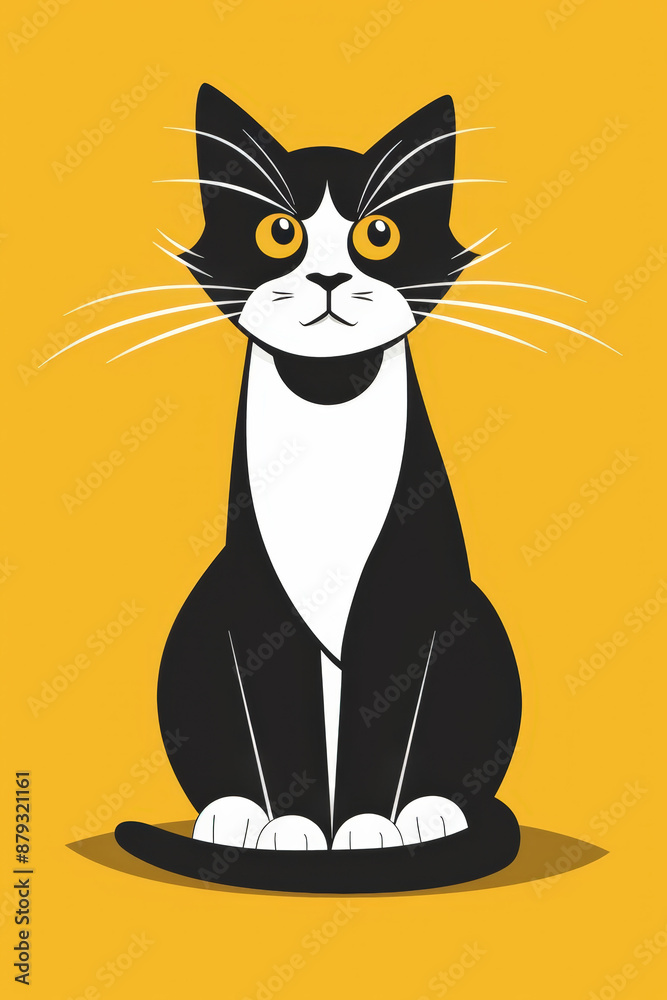 Fototapeta premium Cartoon tuxedo cat with a white chest and white paws sitting on a yellow background