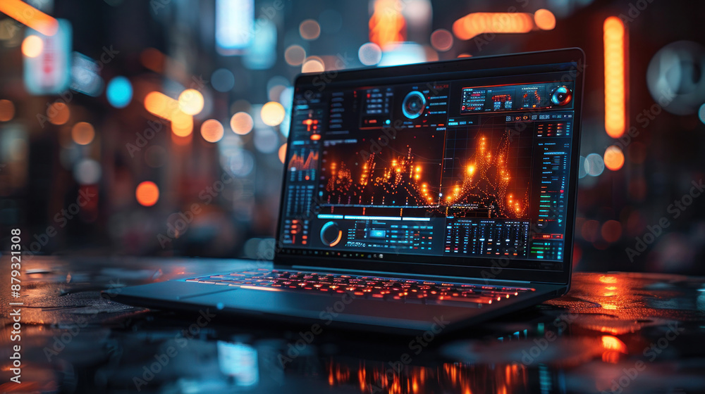 A modern laptop with a vibrant digital interface displaying futuristic graphs and charts high-tech workspace. A modern laptop with a vibrant digital interface displaying futuristic graphs and charts high-tech workspace.