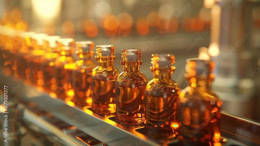 Brown glass bottles on the conveyor belt Brown glass bottles on the conveyor belt
