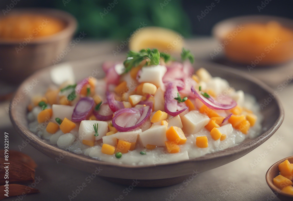 peruvian ceviche elegantly presented with decorative corn and sweet potato slices, ad shot
peruvian ceviche elegantly presented with decorative corn and sweet potato slices, ad shot