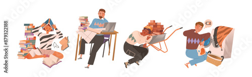 Exhausted Tired People Character with Burnout Syndrome Vector Set