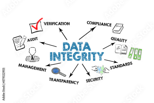 Data integrity Concept. Illustration with icons, keywords and arrows on a white background