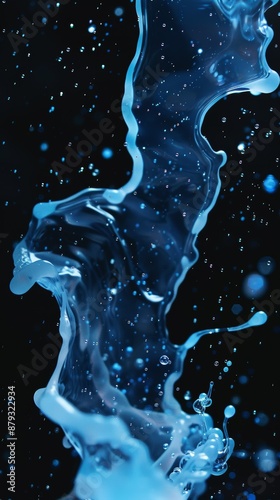 Fluid motion of blue water captured in motion against black background, abstract concept