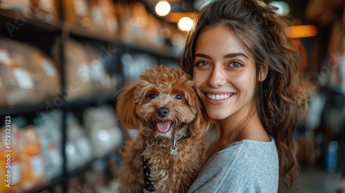 A woman smiles warmly while holding her dog in the aisle of a pet-friendly store. The background showcases shelves filled with various pet supplies, highlighting the store's inviting atmosphere for p